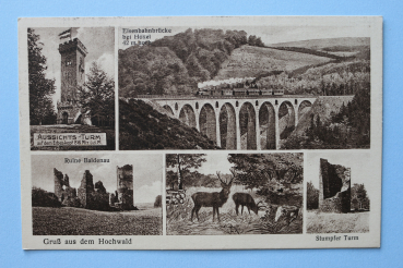 Ansichtskarte AK Gruß aus dem Hochwald 1910-1930 Aussichtsturm Erbeskopf Ruine Baldenau Hoxel Eisenbahn Brücke Architektur Ortsansicht Rheinland Pfalz